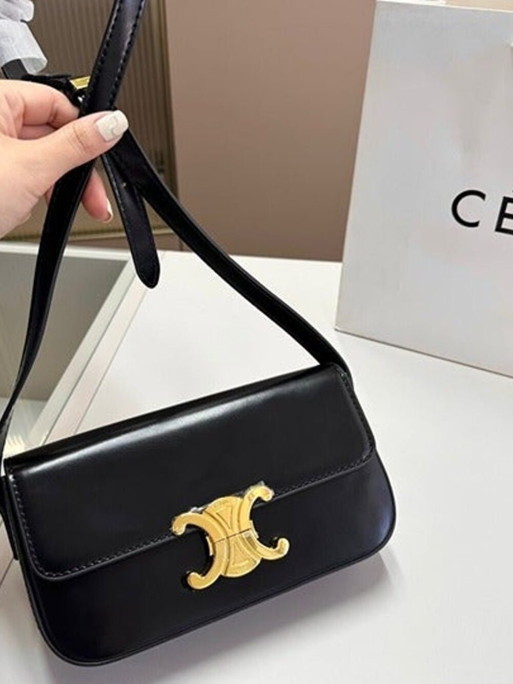 Celine Triomphe Shoulder Bag in black calfskin
